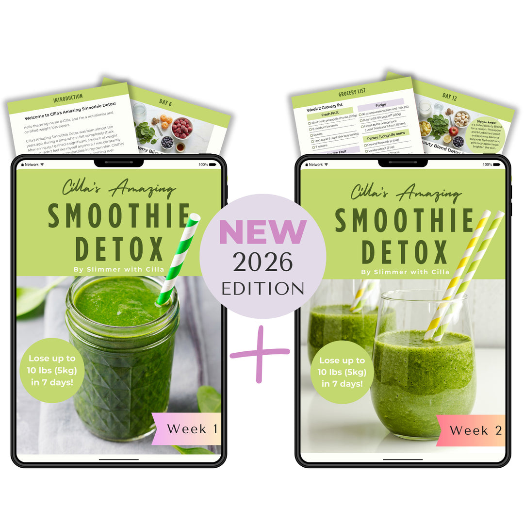Two-week Smoothie Detox program by Slimmer with Cilla shown on tablet screens, featuring Week 1 and Week 2 green smoothie plans.