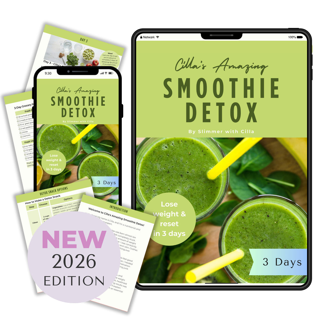 Three-day Smoothie Detox program by Slimmer with Cilla shown on tablet and phone screens with green smoothie recipes.