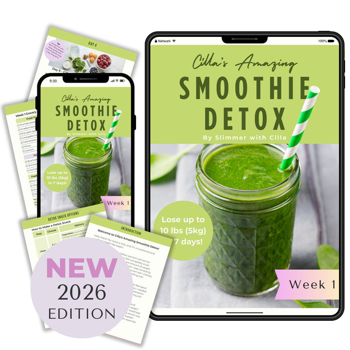 Cilla’s Amazing Smoothie Detox program shown on tablet and phone screens with green smoothie recipe pages and Week 1 plan.