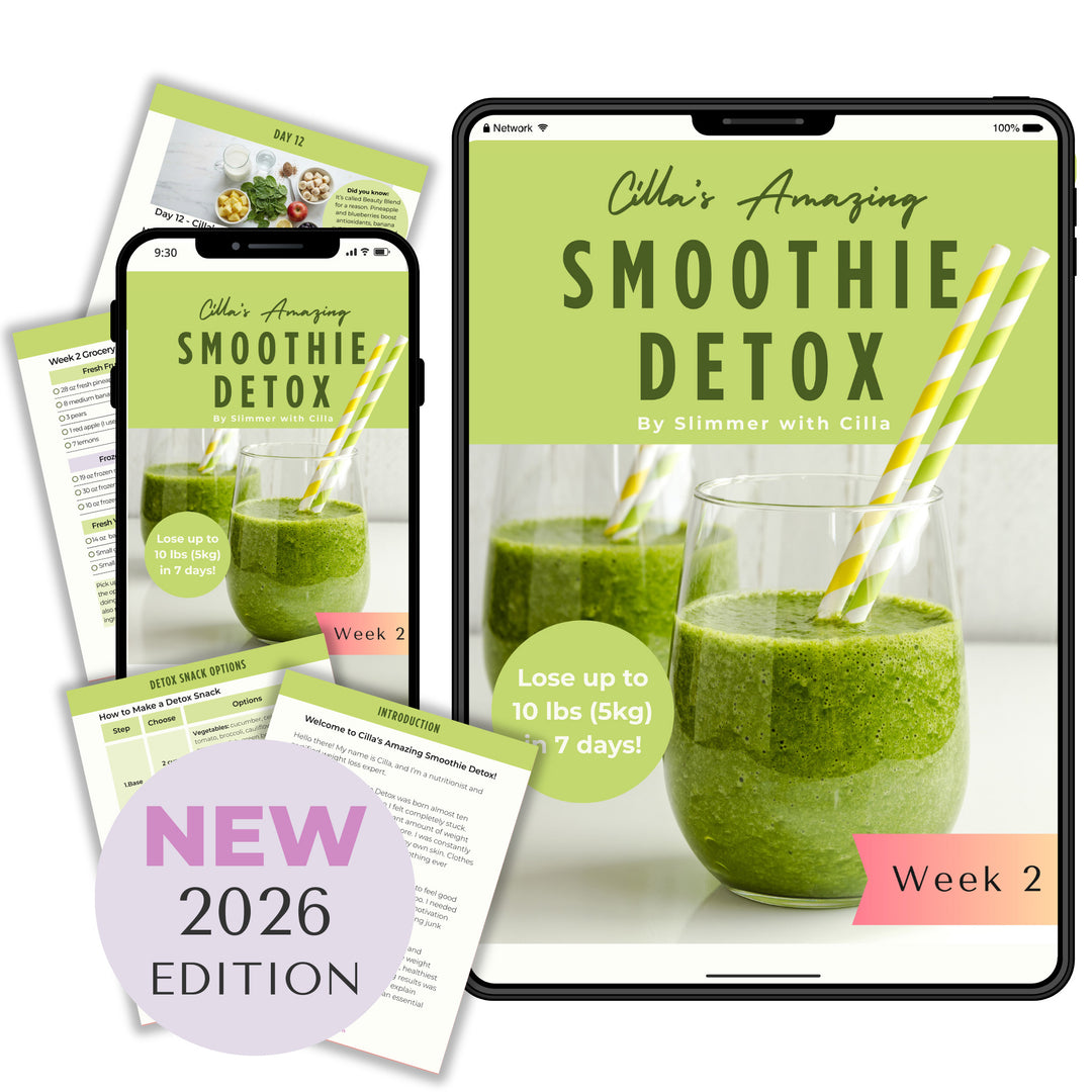 Week 2 Smoothie Detox program by Slimmer with Cilla shown on tablet and phone screens, featuring green smoothie recipes for days 8 to 14