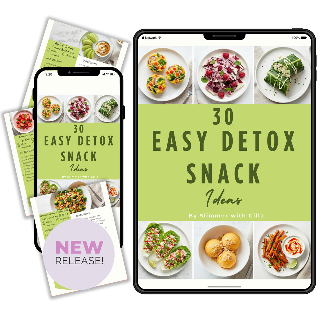 30 Easy Detox Snack Ideas ebook displayed on phone and tablet, featuring healthy low-calorie detox snacks and weight-loss friendly recipes