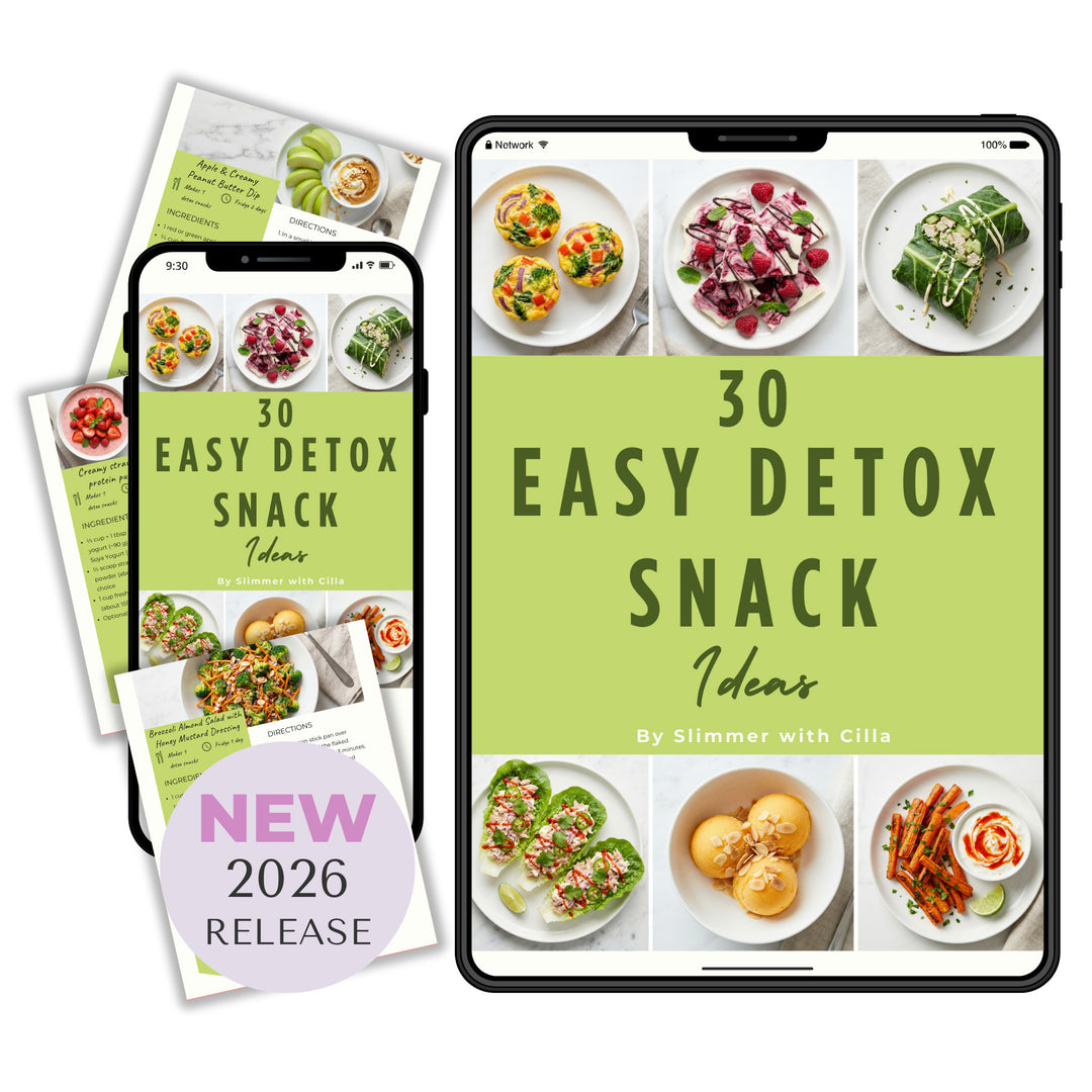 30 Easy Detox Snack Ideas ebook displayed on phone and tablet, featuring healthy low-calorie detox snacks and weight-loss friendly recipes