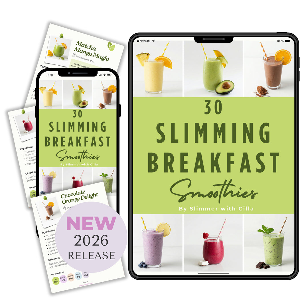 Cover of the ebook 30 Slimming Breakfast Smoothies by Slimmer with Cilla, featuring six colourful smoothie glasses arranged around a green central title panel. Smoothies include tropical, green, chocolate, berry and fruit blends, each served in a clear glass with garnishes such as orange slices, avocado, lemon, berries, mint and chocolate.