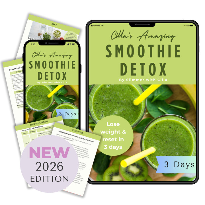Three-day Smoothie Detox program by Slimmer with Cilla shown on tablet and phone screens with green smoothie recipes.