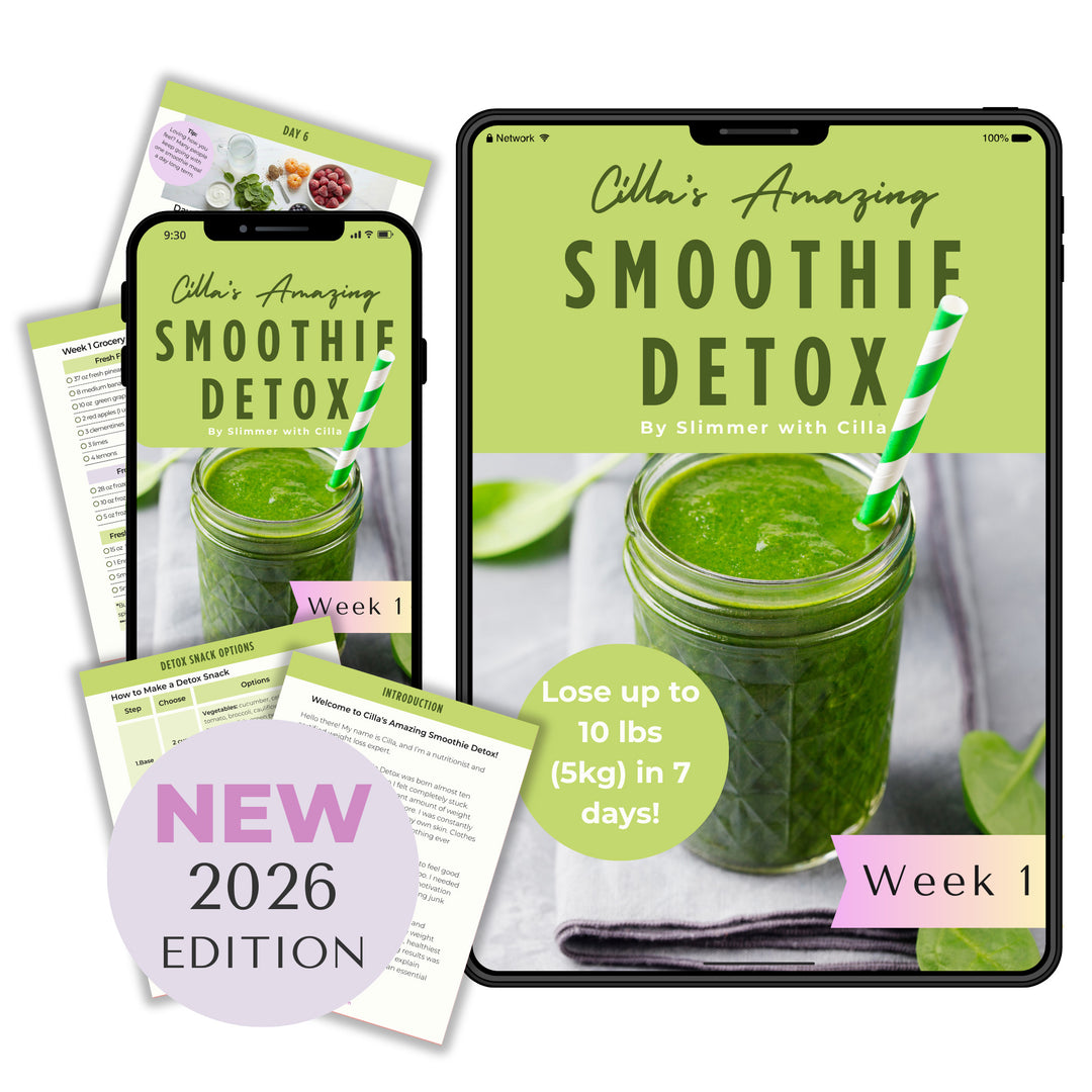 Cilla’s Amazing Smoothie Detox program shown on tablet and phone screens with green smoothie recipe pages and Week 1 plan.