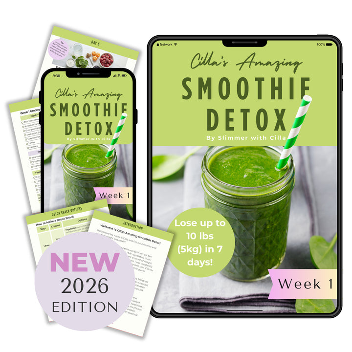 Cilla’s Amazing Smoothie Detox program shown on tablet and phone screens with green smoothie recipe pages and Week 1 plan.
