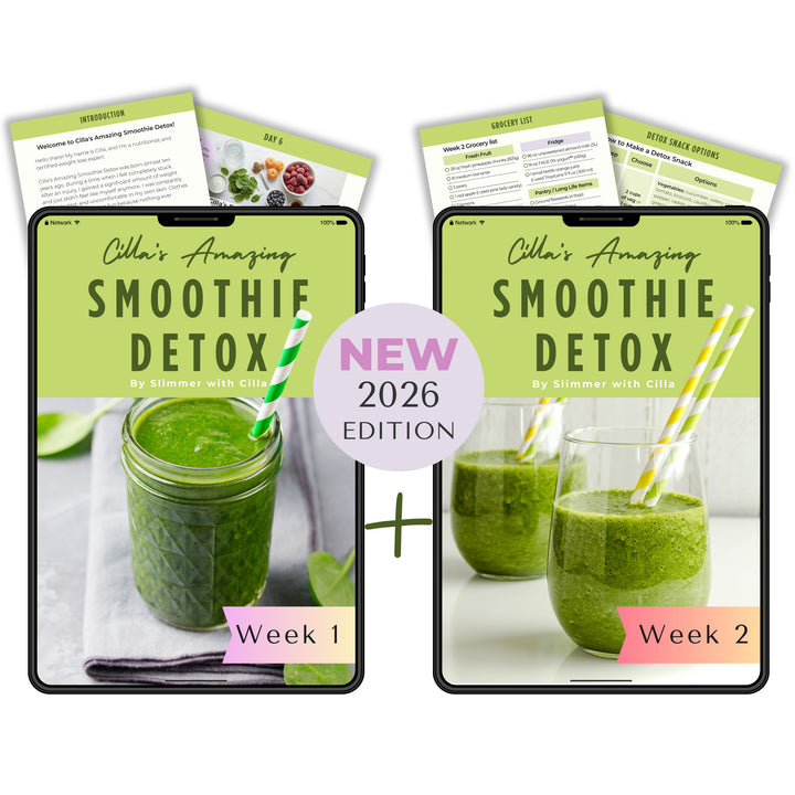 Two-week Smoothie Detox program by Slimmer with Cilla shown on tablet screens, featuring Week 1 and Week 2 green smoothie plans.