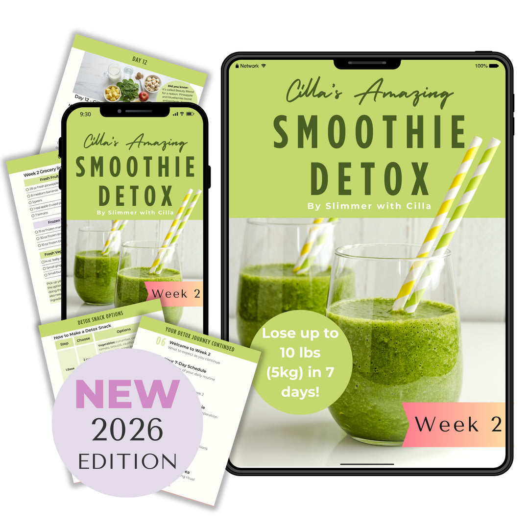 Week 2 Smoothie Detox program by Slimmer with Cilla shown on tablet and phone screens, featuring green smoothie recipes for days 8 to 14