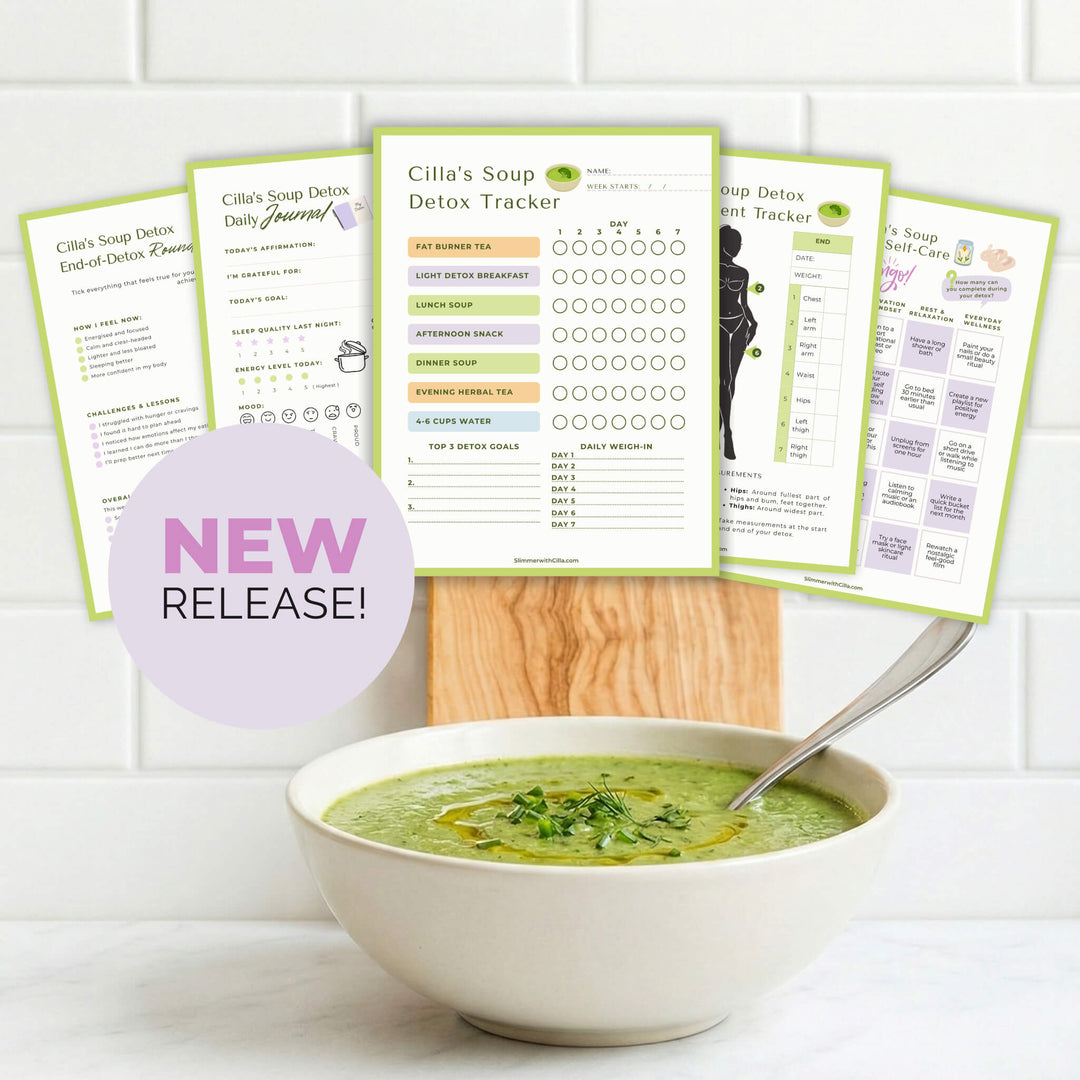 Printable Soup Detox Tracker and Journal pack by Slimmer With Cilla including daily meal tracker, weigh-in log and self-care planner pages
