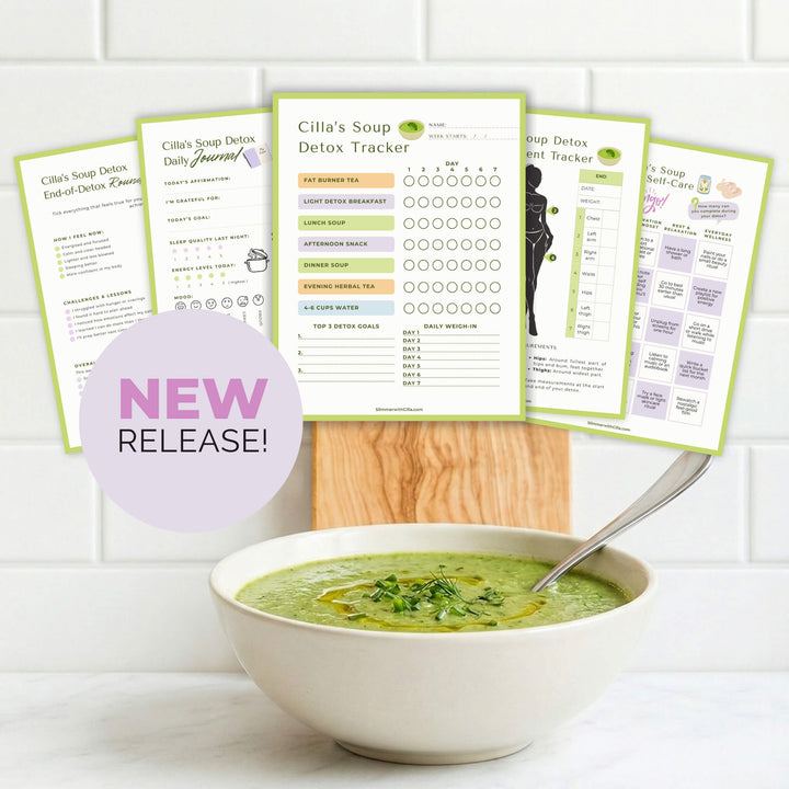 Printable Soup Detox Tracker and Journal pack by Slimmer With Cilla including daily meal tracker, weigh-in log and self-care planner pages